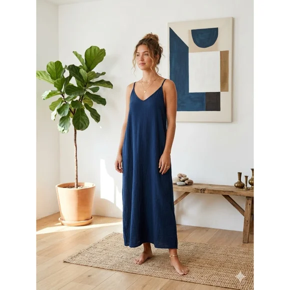 LOVESTITCH Navy Blue Gauze Maxi Dress Pockets S/M - Picture 1 of 12